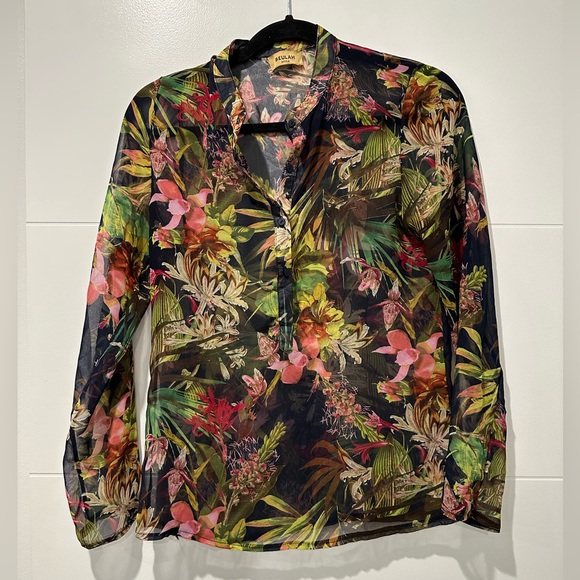 Beula Vibrant Tropical Floral Print on Silky Sheer Button Down - Picture 1 of 6